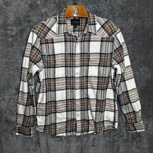 Lucky Brand Shirt Mens Medium Brown White Plaid Pearl Snap Western Flannel SFSFG
